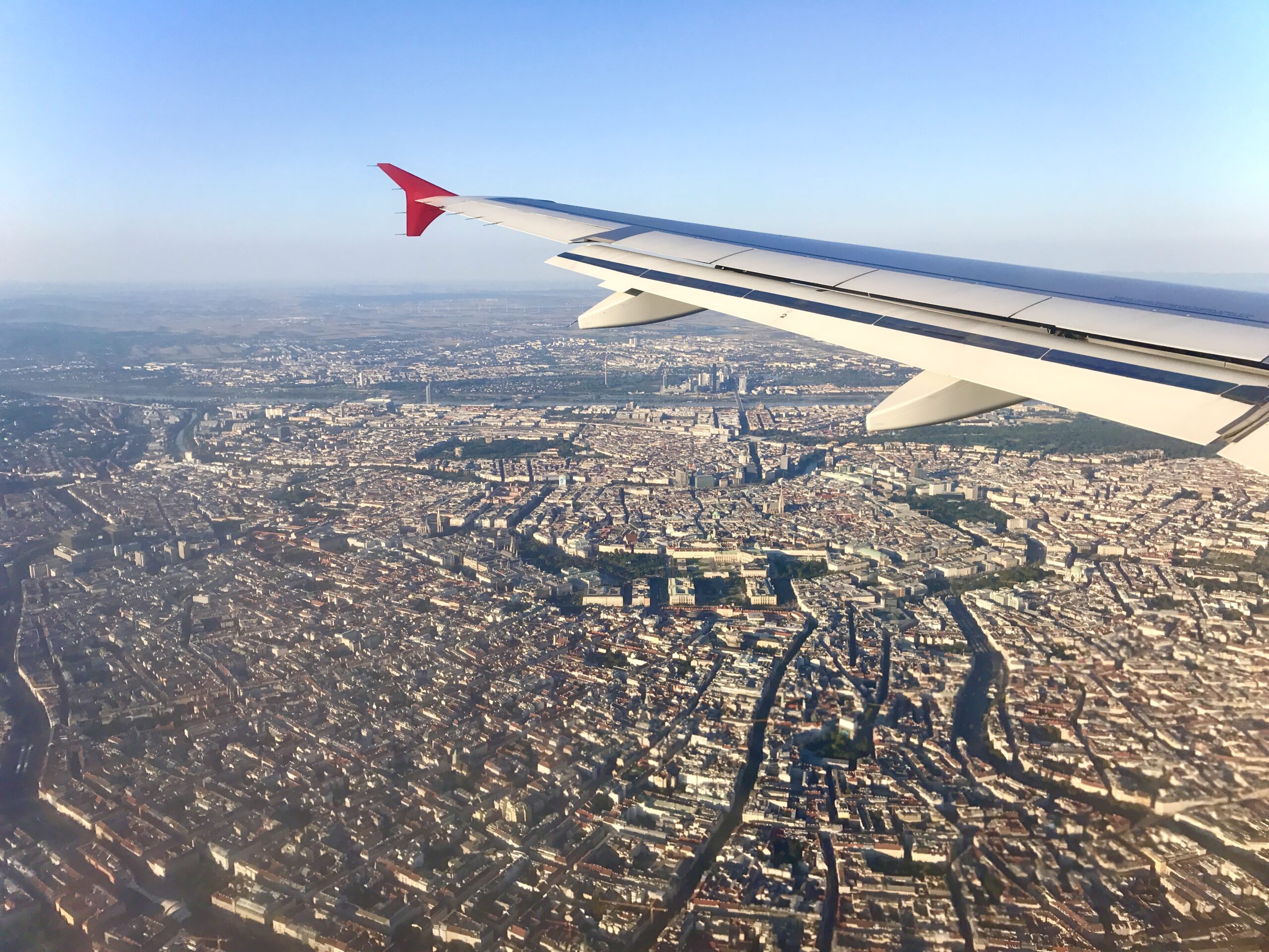 Aerial view of Vienna, with wing of an airplane